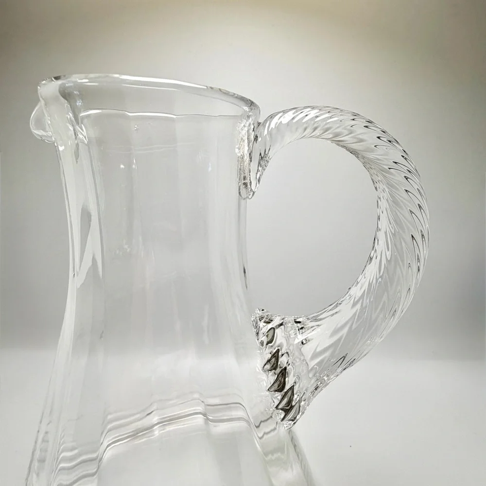 Hand Blown Clear Glass Pitcher 9” Tall Elegant Twisted Handle Art Glass - Picture 5 of 11